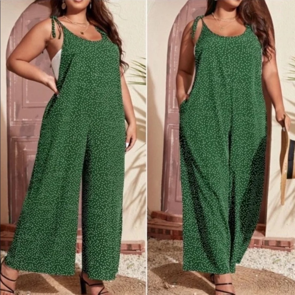 Plus Polka Dot Knot Shoulder Cami Pocket Wide Leg Jumpsuit Dress GREEN - Picture 2 of 6